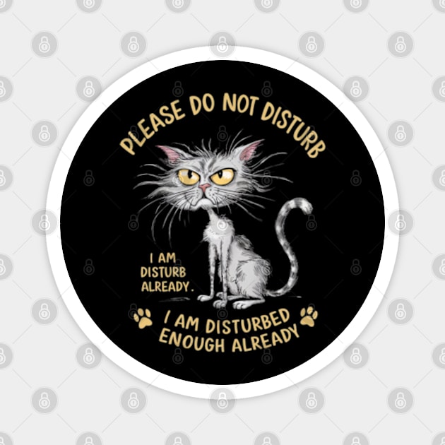 A whimsical cartoon drawing of a disheveled cat, with its fur sticking out in all directions and large yellow eyes showing irritation. (12) Magnet by YolandaRoberts